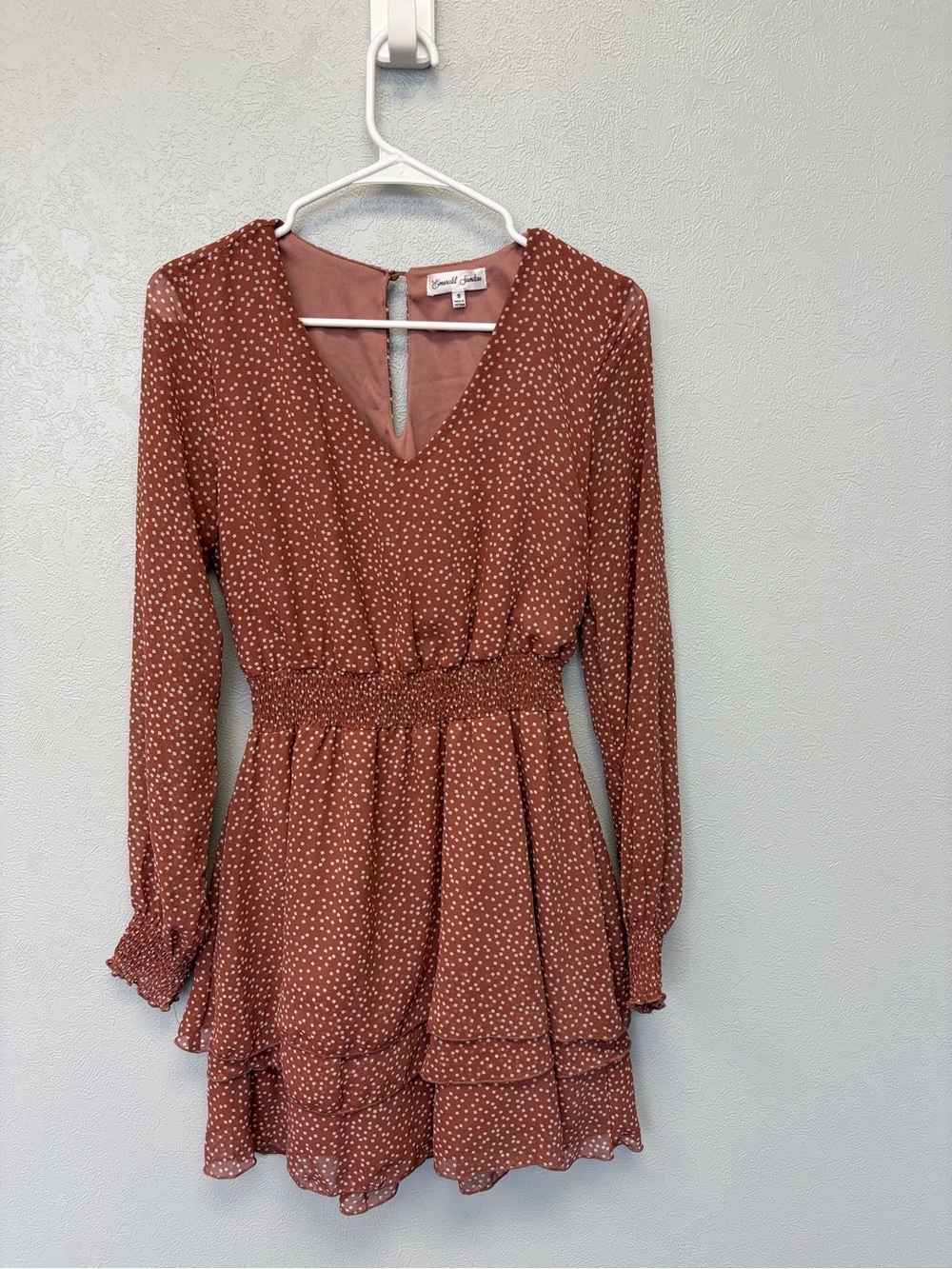 Emerald Sundae Rust Dot V-Neck Long Sleeve Mini Dress
